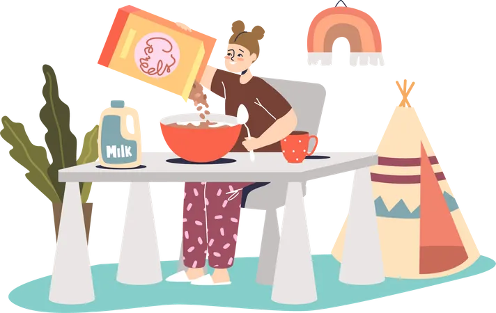 Kleines Mädchen isst Müsli mit Milch zum Frühstück  Illustration