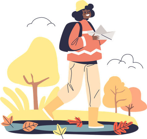 Kleines Mädchen lässt Papierboot in Pfütze im Herbstpark zu Wasser  Illustration