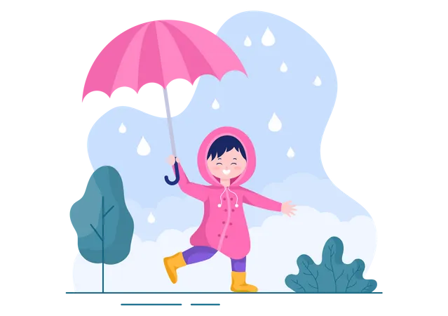 Kleines Mädchen läuft im Regen  Illustration