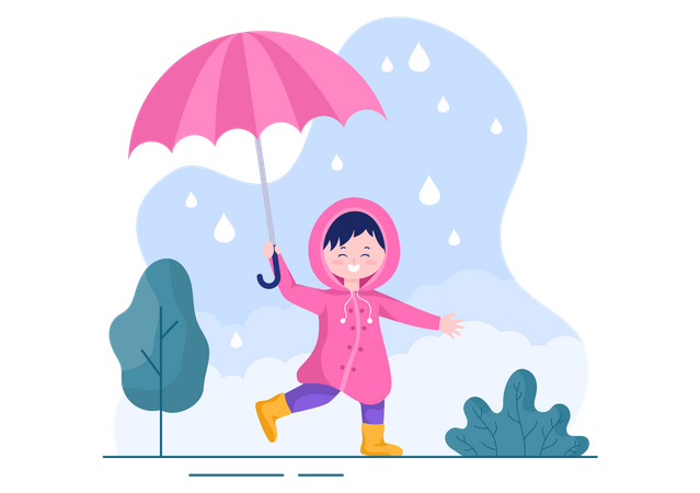 Kleines Mädchen läuft im Regen  Illustration