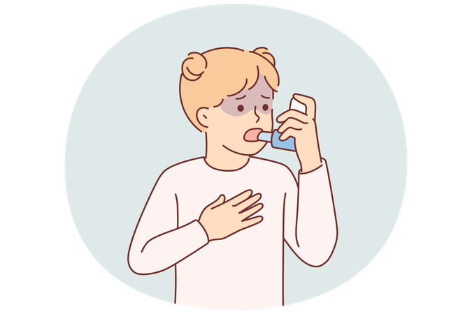Kleines Mädchen leidet unter Asthma und verwendet Inhalator, um allergischen Anfall loszuwerden  Illustration
