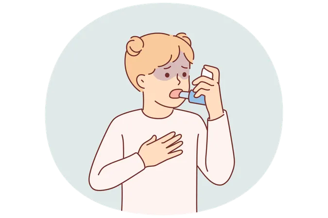 Kleines Mädchen leidet unter Asthma und verwendet Inhalator, um allergischen Anfall loszuwerden  Illustration