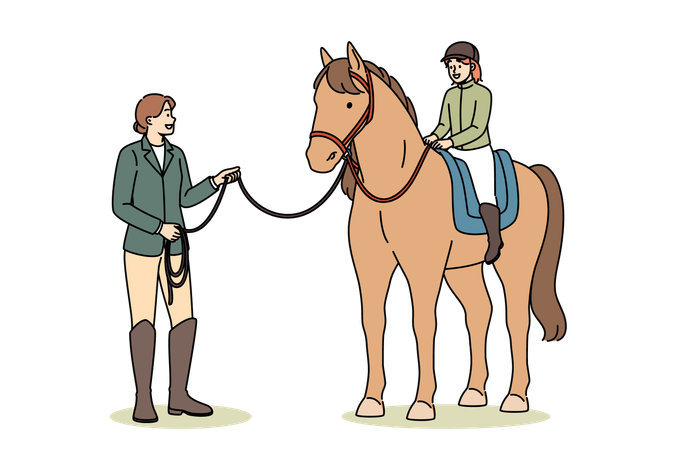 Kleines Mädchen lernt Reiten und Jockey oder Reiter unter Aufsicht einer Trainerin  Illustration