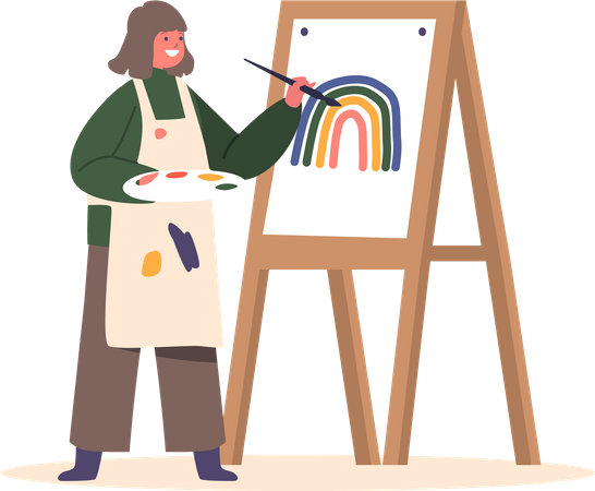 Kleines Mädchen malt Regenbogen mit Farben auf der Staffelei  Illustration