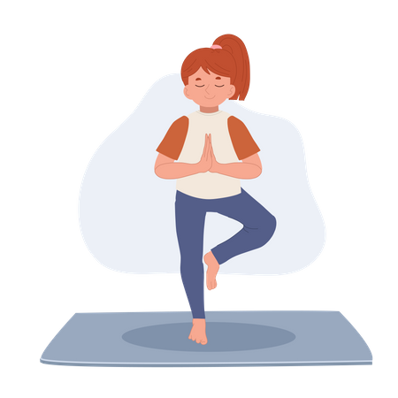 Kleines Mädchen meditiert in der Vrikshasana-Baumhaltung  Illustration