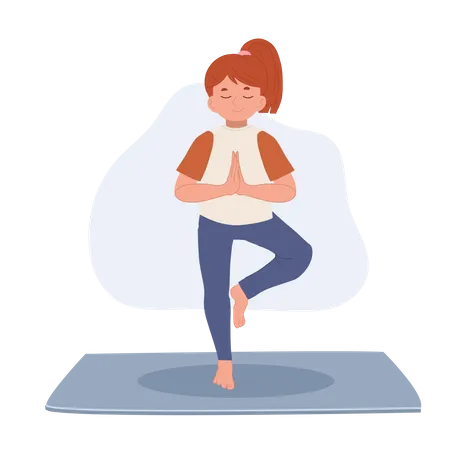 Kleines Mädchen meditiert in der Vrikshasana-Baumhaltung  Illustration