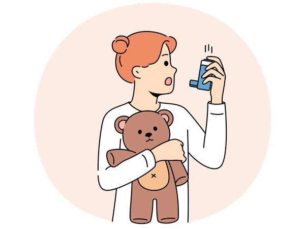 Kleines Mädchen mit Asthma nutzt Inhalator, um die Atmung während eines Anfalls wiederherzustellen und hält Teddybär  Illustration