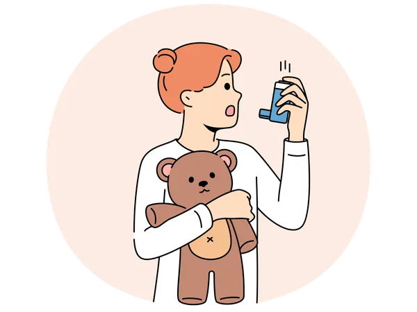 Kleines Mädchen mit Asthma nutzt Inhalator, um die Atmung während eines Anfalls wiederherzustellen und hält Teddybär  Illustration