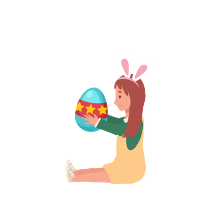 Kleines Mädchen mit Hasenohren sitzt und hält ein großes Osterei  Illustration