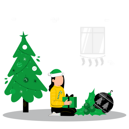 Kleines Mädchen öffnet Geschenk in der Nähe von Weihnachtsbaum  Illustration
