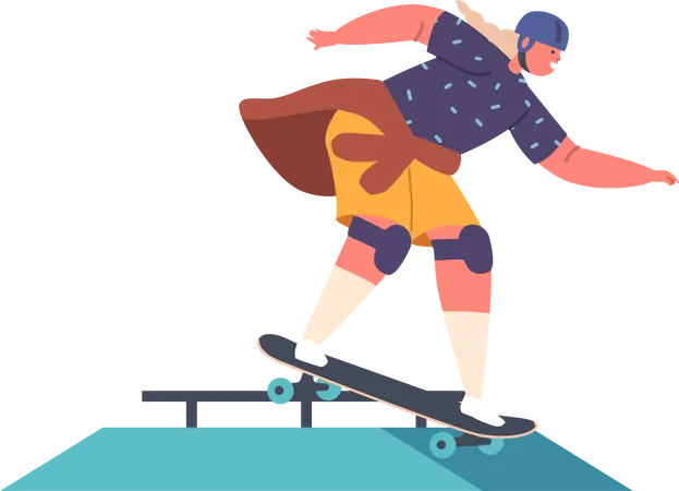 Kleines Madchen Rollt Auf Skateboard Springt Uber Barriere Kind Figur Fuhrt Kunststucke Auf Rollerdrome Aus Stilvolles Jugendliches Skaten Springen An Bord Skateboarding Aktivitat Karikatur Vektor Illustration Illustration