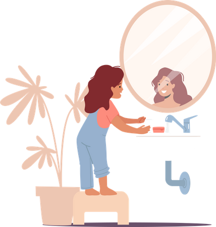 Kleines Mädchen schaut in den Spiegel im Badezimmer  Illustration