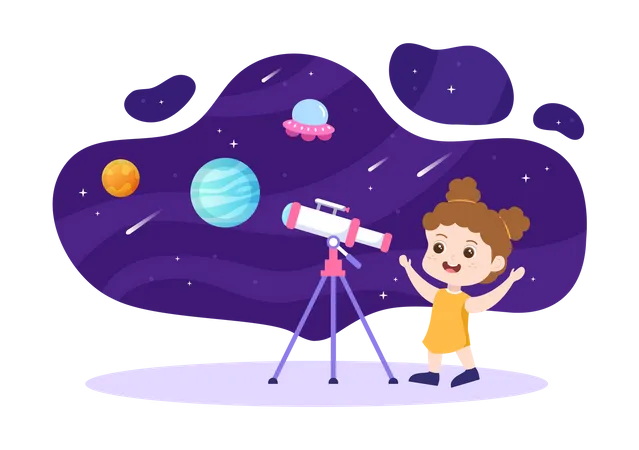 Kleines Mädchen schaut ins Teleskop  Illustration