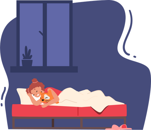 Kleines Mädchen schläft im Bett  Illustration