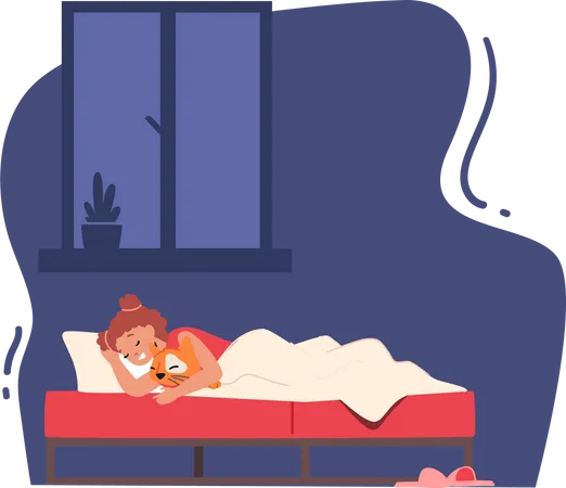 Kleines Mädchen schläft im Bett  Illustration