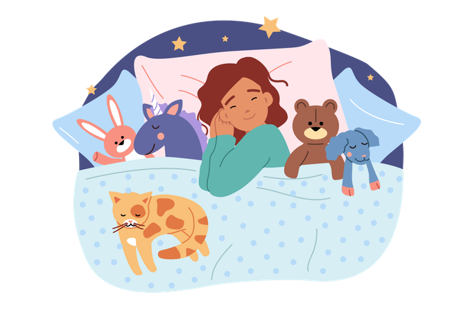 Kleines Mädchen schläft im Bett zwischen Plüschtieren  Illustration