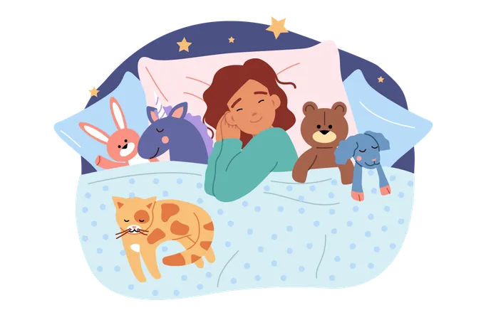 Kleines Mädchen schläft im Bett zwischen Plüschtieren  Illustration