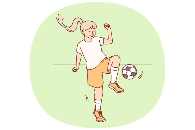 Kleines Mädchen spielt Fußball mit Ball während des Outdoor-Trainings zur Vorbereitung auf das Schulturnier  Illustration