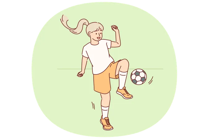 Kleines Mädchen spielt Fußball mit Ball während des Outdoor-Trainings zur Vorbereitung auf das Schulturnier  Illustration