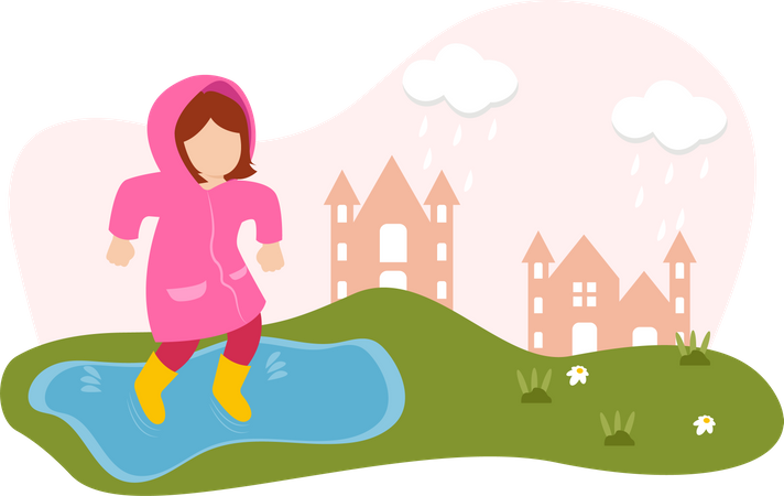 Kleines Mädchen spielt am Kindertag im Regen  Illustration