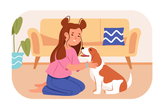 Kleines Mädchen spielt mit Hund  Illustration