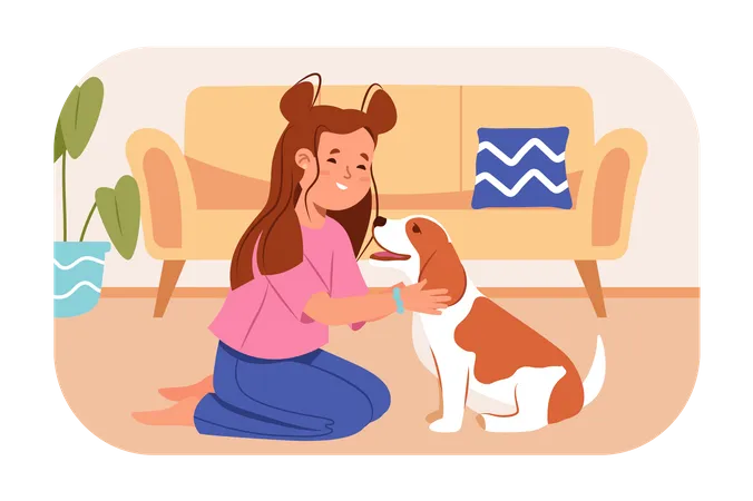 Kleines Mädchen spielt mit Hund  Illustration