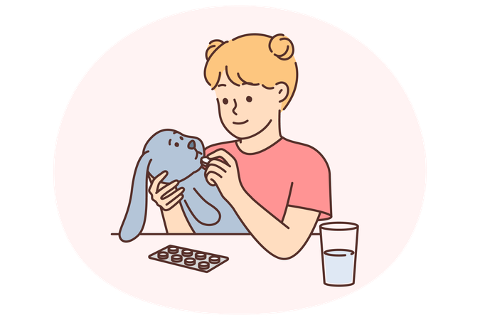 Kleines Mädchen spielt Tierarzt und gibt Pille aus Plüschtier, um Krankheit zu heilen  Illustration