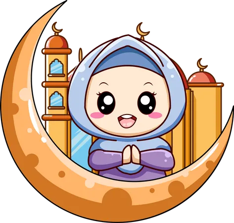 Kleines muslimisches Mädchen mit Mond und Moschee  Illustration