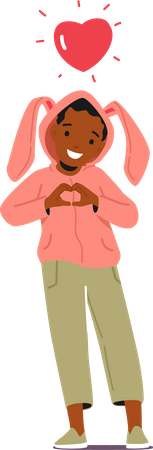 Kleines schwarzes Kind zeigt Liebesgeste mit rotem Herz über dem Kopf  Illustration
