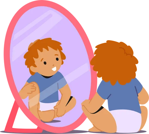 Kleinkind sitzt auf dem Boden und starrt in einen Spiegel  Illustration