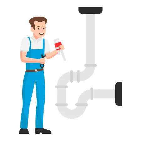 Klempner repariert ein Problem in den Wasserleitungen mit einem Schraubenschlüssel  Illustration