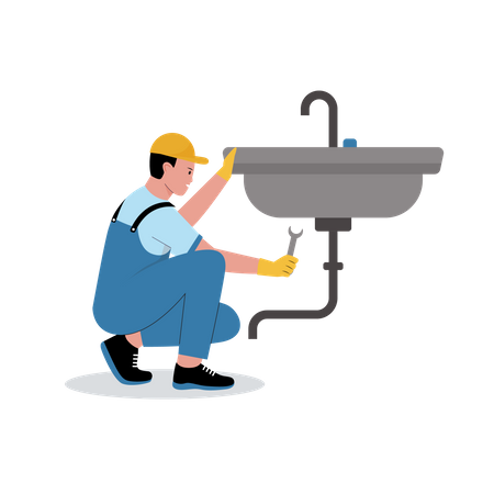Klempner repariert Abfluss im Waschbecken  Illustration