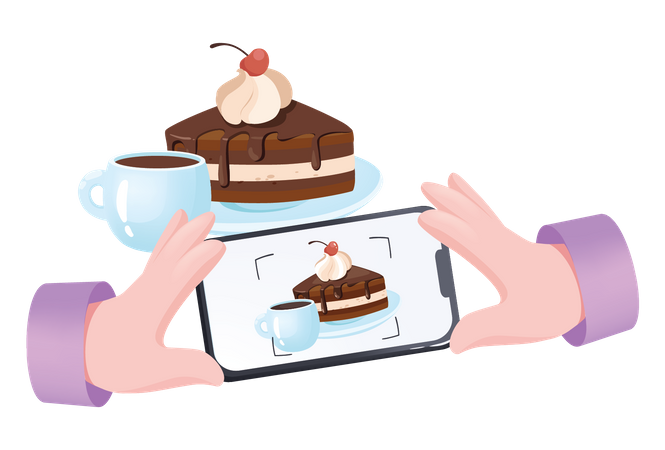 Klicken Sie auf dem Handy auf das Kuchenfoto  Illustration