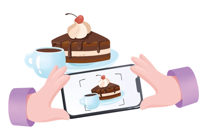 Klicken Sie auf dem Handy auf das Kuchenfoto  Illustration