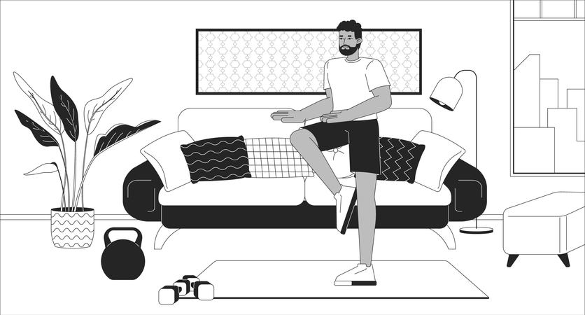 Knee lift exercise in modern living room  Illustration