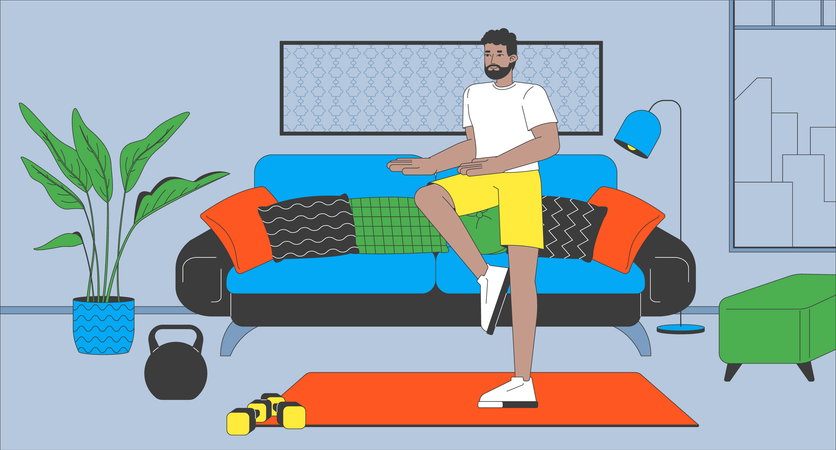 Knee lift exercise in modern living room  Illustration