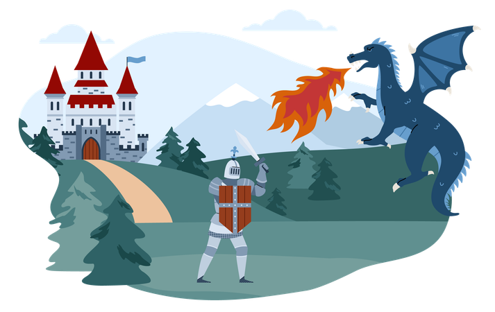 Knight fighting with dragon at medieval landscape backdrop  Illustration