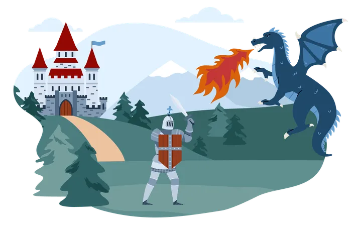 Knight fighting with dragon at medieval landscape backdrop  Illustration