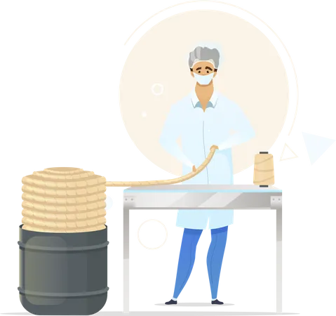 Knitting Yarn Production Process Flat Color Vector Illustration Male Worker In Laboratory Manufacturing Facility Ropemaking Factory Employee Isolated Cartoon Character On White Background Illustration