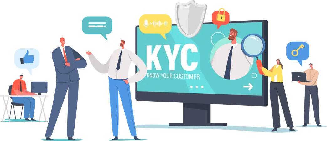 KYC Know Your Customer Concept Business Verifying Of Clients Identity And Assessing Their Suitability Tiny Businesspeople Characters Learning Customer Profile Cartoon People Vector Illustration Illustration
