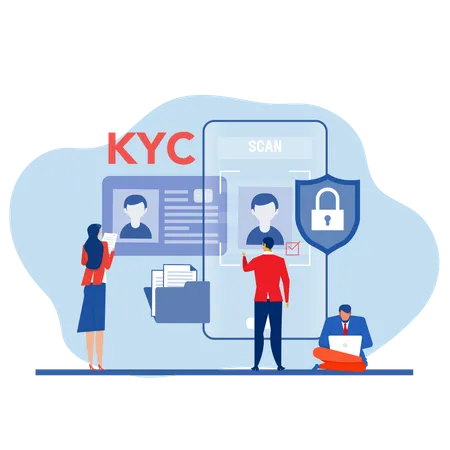 KYC Or Know Your Customer With Business Verifying The Identity Of Its Clients Concept At The Partners To Be Through A Magnifying Glass Of Business Identification And Safety Illustration