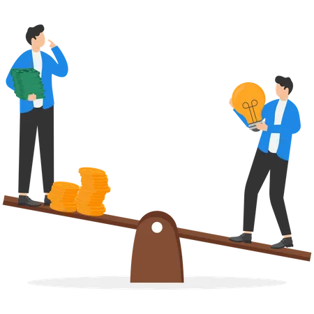 Concept Weight Comparing Between Smart Businessman With Bright Light Bulb Flour And Investor With Money Stacks Illustration