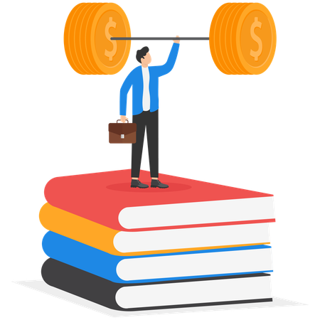 Knowledge is power man is standing with a book and a barbell in his hands  Illustration