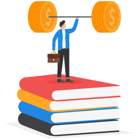 Knowledge is power man is standing with a book and a barbell in his hands  Illustration