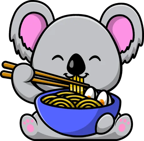 Koala comiendo fideos ramen con palillos  Ilustración