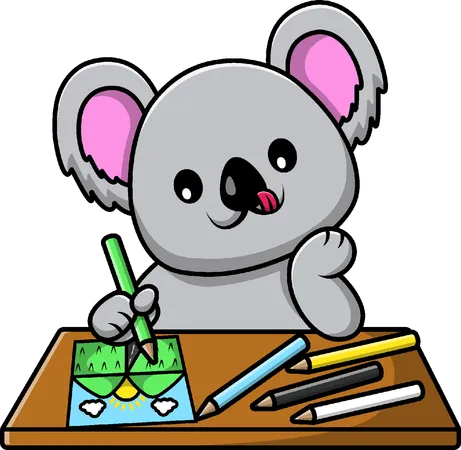 Koala Drawing Mountain With Crayon Paper On Table  Illustration