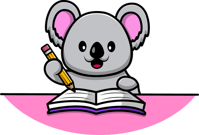 Koala écrit sur un livre avec un crayon  Illustration