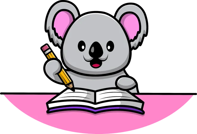 Koala écrit sur un livre avec un crayon  Illustration