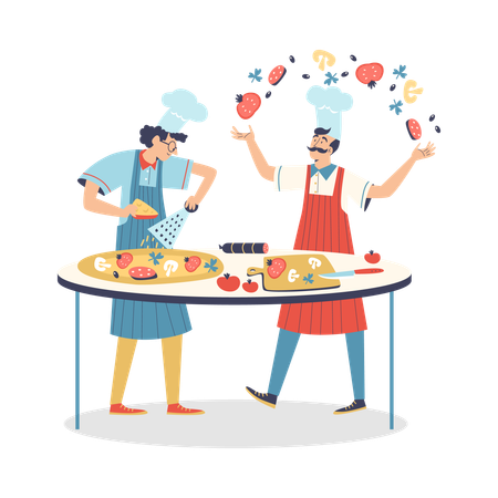 Köche schneiden Käse und Peperoni für Pizza  Illustration