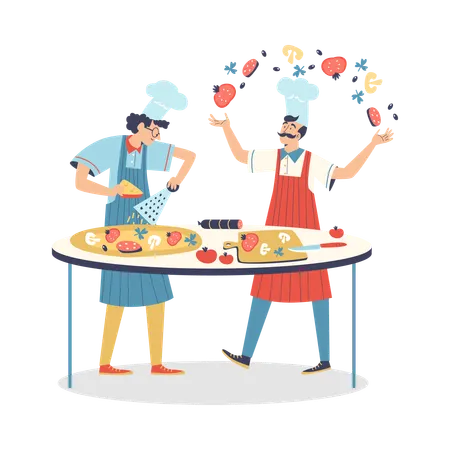 Köche schneiden Käse und Peperoni für Pizza  Illustration